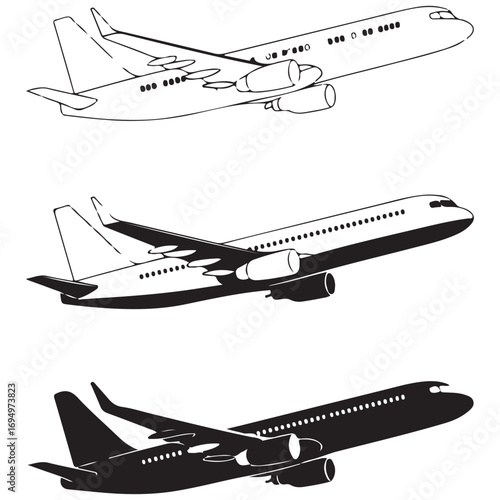 Collection of Passenger Airplanes Ascending in Monochrome Vector Illustration