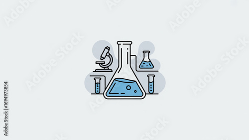 A collection of science lab equipment, including beakers and a microscope, is displayed on a light background