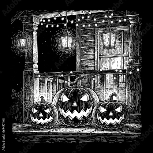 Carved Jack-o-Lantern Pumpkins Glowing on Decorated Porch - Engraving Style AI Raster Illustration