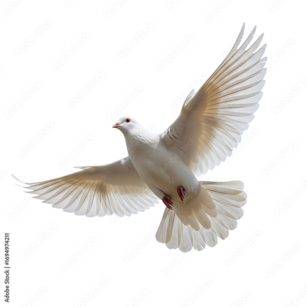 Fototapeta premium A single white dove in flight with its wings outstretched soars across the vast blue sky, a powerful symbol of peace, love, and freedom