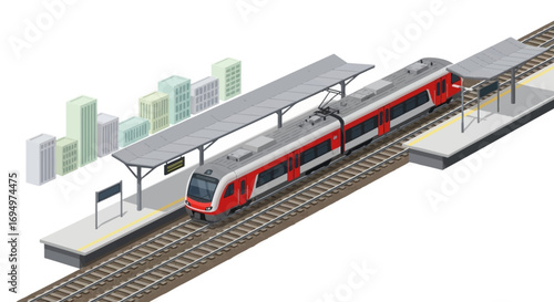 A red and white train is stopped at a station platform with buildings in the background.