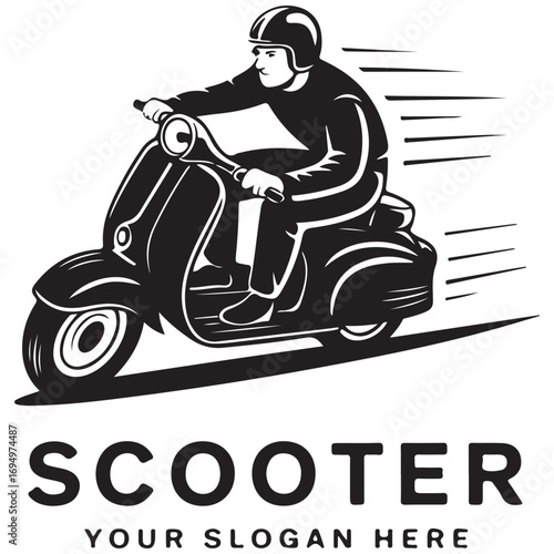 Rider on a Classic Scooter Moving at Speed, Black and White Illustration