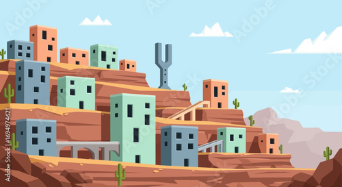 Colorful cartoon cityscape nestled in a rocky desert landscape with stylized buildings and a unique structure.