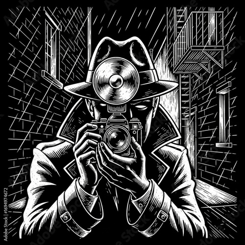 Spy Paparazzi Detective Photographer in Classic Noir Style - Engraving Style AI Raster Illustration
