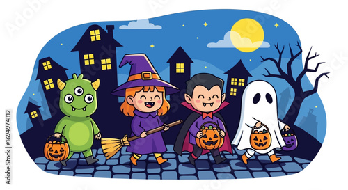 Cartoon children in Halloween costumes trick-or-treating on a spooky night.