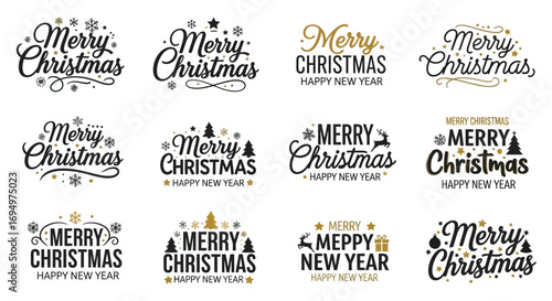 A collection of various elegant and festive "Merry Christmas" and "Happy New Year" typography designs.