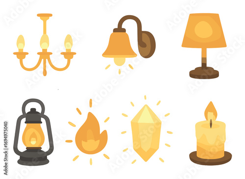 Various illuminated lamps and light sources including candle, chandelier, and lantern
