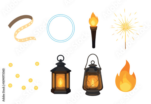 Collection of various light sources including lanterns, torch, and fire effects