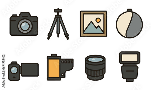 Photography equipment icons: camera, tripod, lens, flash, film, light reflector