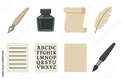 Vintage writing tools and alphabet chart with ink pen, feather quill, and scroll