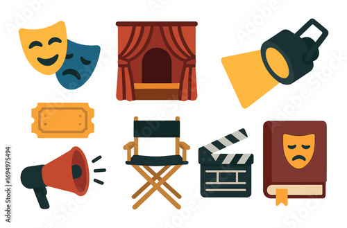 Colorful theater icons: masks, spotlight, stage, director chair, megaphone, clapperboard, ticket, book