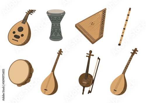 Traditional middle eastern musical instruments collection on brown background
