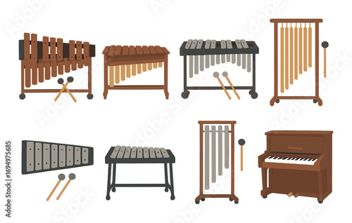 Collection of percussion instruments: marimba, vibraphone, glockenspiel, chimes, organ
