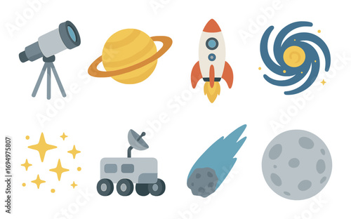 Space exploration icons: telescope, rocket, solar system, moon, galaxy, meteor, rover, stars