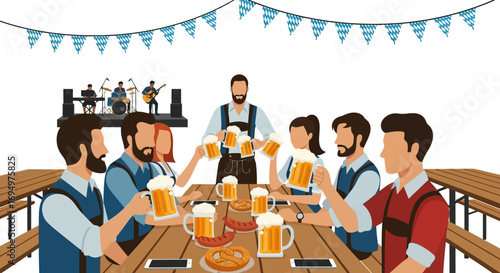 Group of people celebrating Oktoberfest with beer, pretzels, and music at a long table.