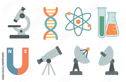Science icons featuring microscope dna atom telescope and satellite dish