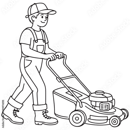 Outline Illustration of a Man Mowing a Lawn with a Push Mower