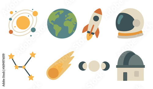 Colorful space icons: planet, rocket, astronaut helmet, constellation, meteor, observatory
