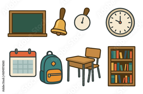 Illustrated school items: laptop, bell, timer, clock, calendar, backpack, desk, bookshelf