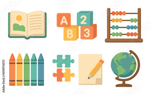 Colorful educational tools for children: crayons, abacus, globe, blocks, puzzle, notebook