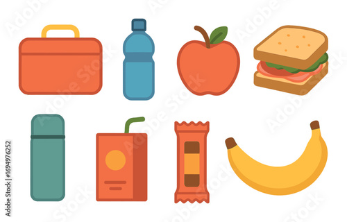 Colorful lunchbox essentials: water bottle, apple, sandwich, banana, snack bar for kids