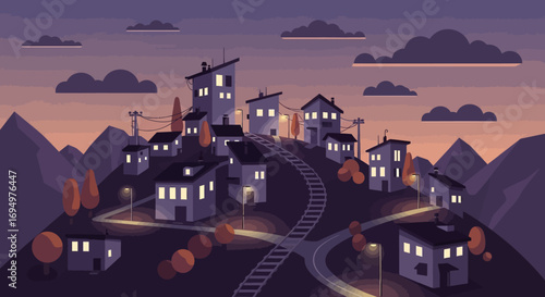 Houses with illuminated windows on a hill at dusk, with winding roads and mountain backdrop, under a cloudy sky.