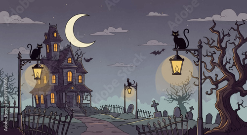 Haunted house at night, spooky graveyard, Halloween scene with black cats.