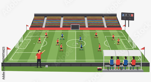 Soccer game in progress at a full stadium, players compete, referee officiates, coaches strategize from the bench.