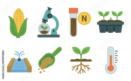 Sustainable agriculture icons featuring corn, microscope, seedlings, irrigation, and soil testing