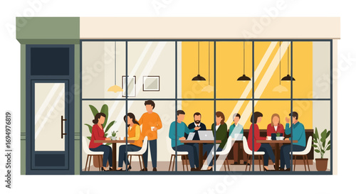 Illustration depicts a group of people engaged in various activities inside a cafe setting.