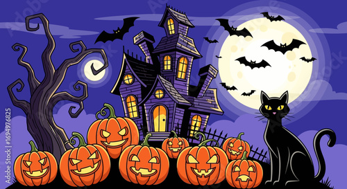 A spooky Halloween scene featuring a haunted house, pumpkins, bats, and a black cat under a full moon.