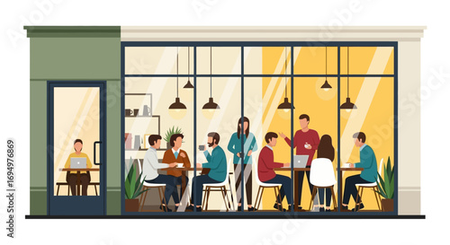 Illustration depicts a coffee shop interior with people socializing, working, and enjoying beverages.