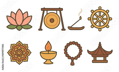 Buddhist symbols: lotus, gong, incense, dharmachakra, mandala, diya, mala, pagoda