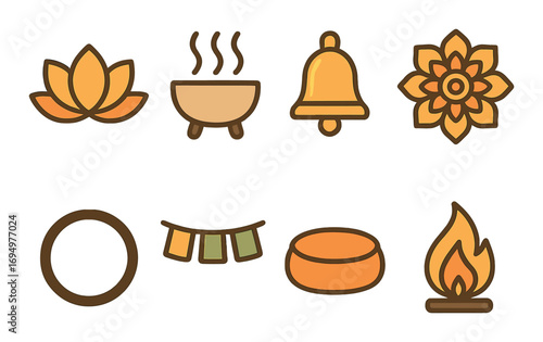 Set of 8 abstract spiritual icons: lotus, bowl, bell, mandala