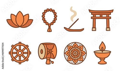 Buddhist symbols: lotus, prayer beads, incense, torii gate, dharma wheel