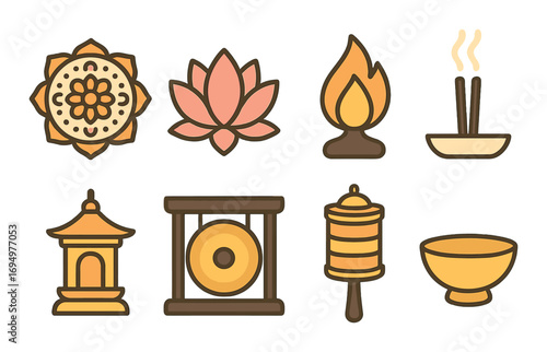 Traditional asian symbols set with flower, flame, incense, temple, gong, lantern, bowl