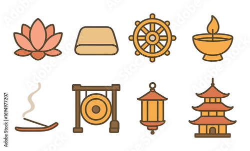 Traditional asian symbols: lotus, meditation, dharma, lamp, incense, gong, lantern, pagoda