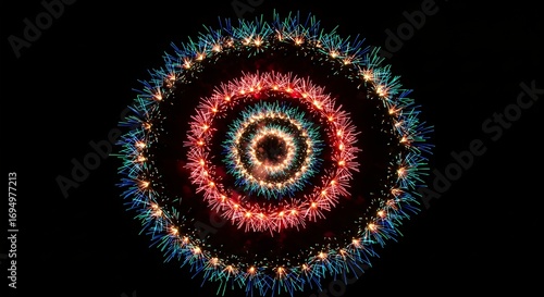 Abstract circular design with radiant colors and central focus on black background