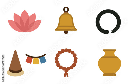 Buddhist symbols: lotus, bell, enso, stupa, prayer flags, mala, vase