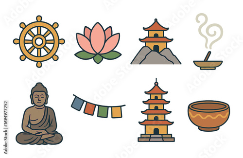 Buddhism icons: wheel, lotus, pagoda, buddha, offerings, peaceful symbols