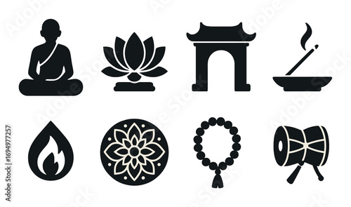 Black silhouette icons of meditation, lotus, pagoda, incense, fire, mandala, beads, and drum
