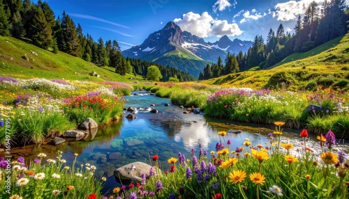 A breathtaking alpine meadow, filled with vibrant wildflowers, flows beside a crystal-clear stream, nestled beneath majestic mountains.