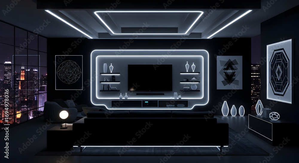 Fototapeta premium Contemporary Interior Design Illuminated With Ambient Neon Lighting Showing Nighttime Cityscape View