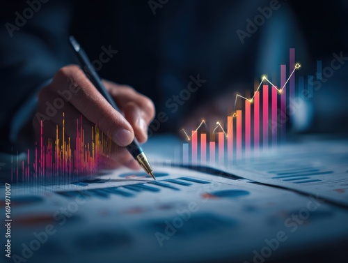 Stock market analytics and business growth, professional reviewing financial reports, investment performance, and rising stock charts, representing business strategy and wealth management.