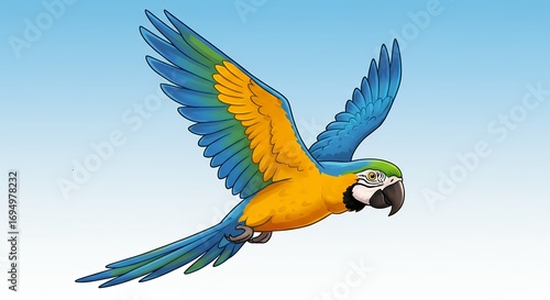 Colorful macaw parrot in flight against gradient blue sky background vector illustration