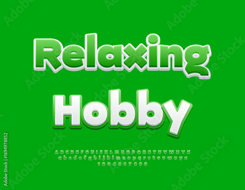 Vector Creative concept Relaxing Hobby. Artistic White and Green Font. Exclusive Alphabet Letters and Numbers set.