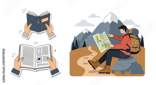 Illustrative juxtaposition of reading and hiking adventures, embracing exploration and knowledge