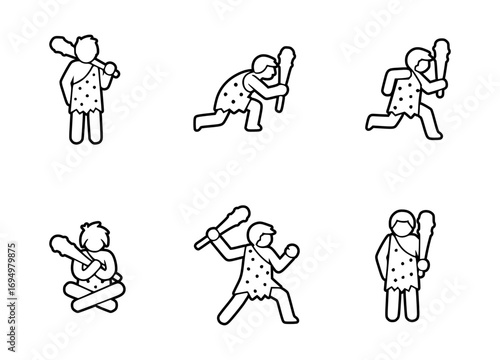 Caveman character illustrations in different poses with clubs 