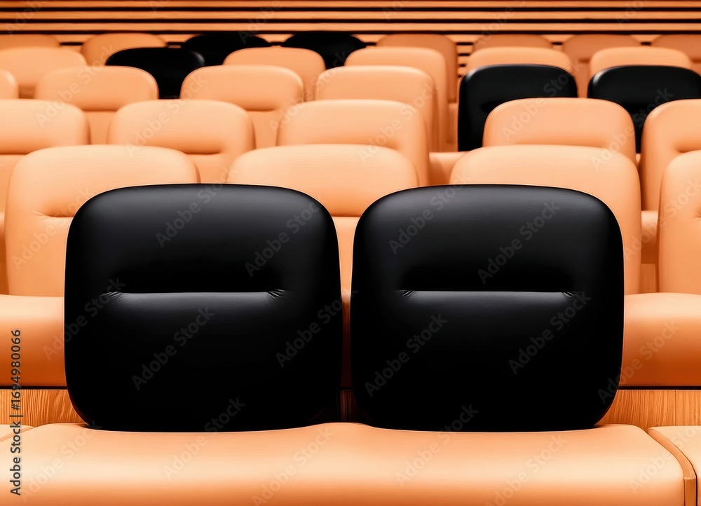 Fototapeta premium Two black leather seats stand out amongst rows of orange auditorium chairs