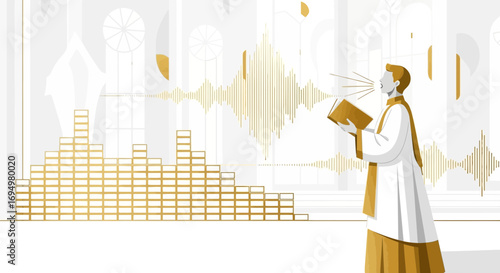 Illustrative rendering of a chorister singing in a cathedral with golden sound waves as visual